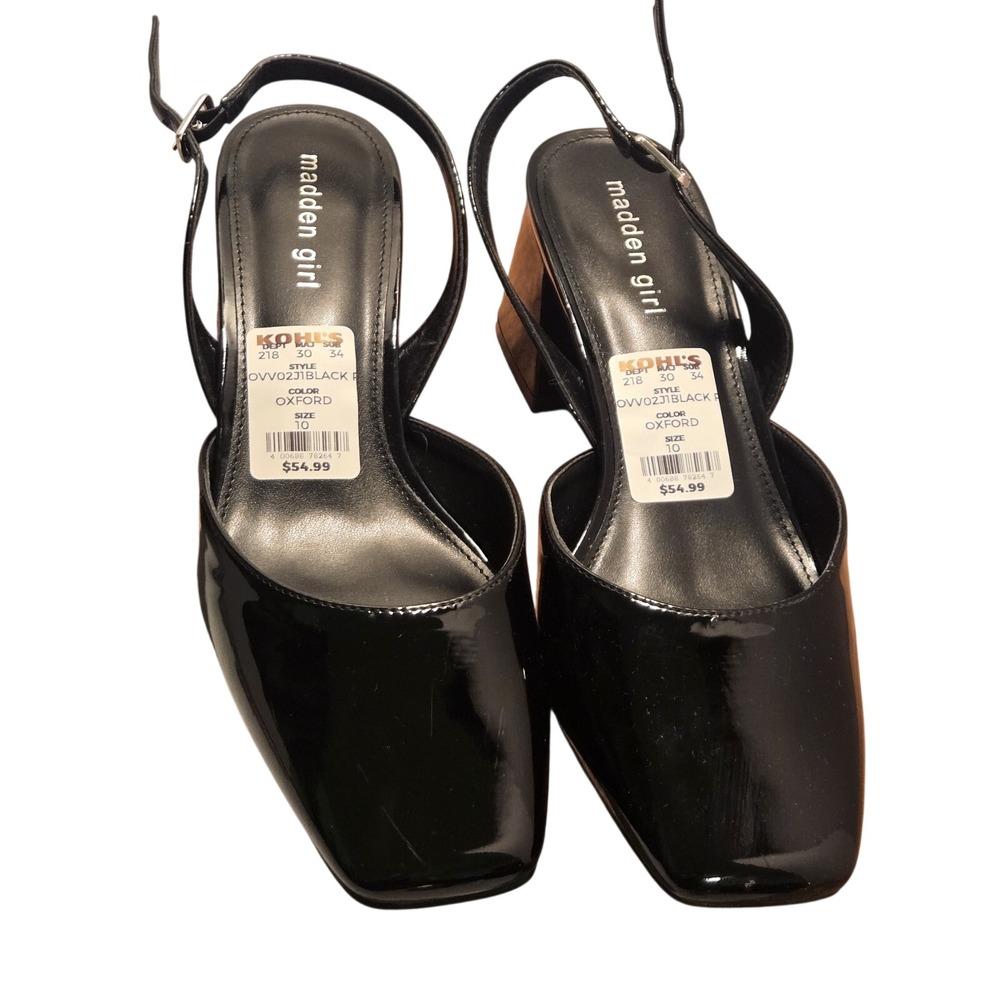 Madden Girl Nova Black Patent Slingback Heels Womens Size 10 Chunky Square Toe